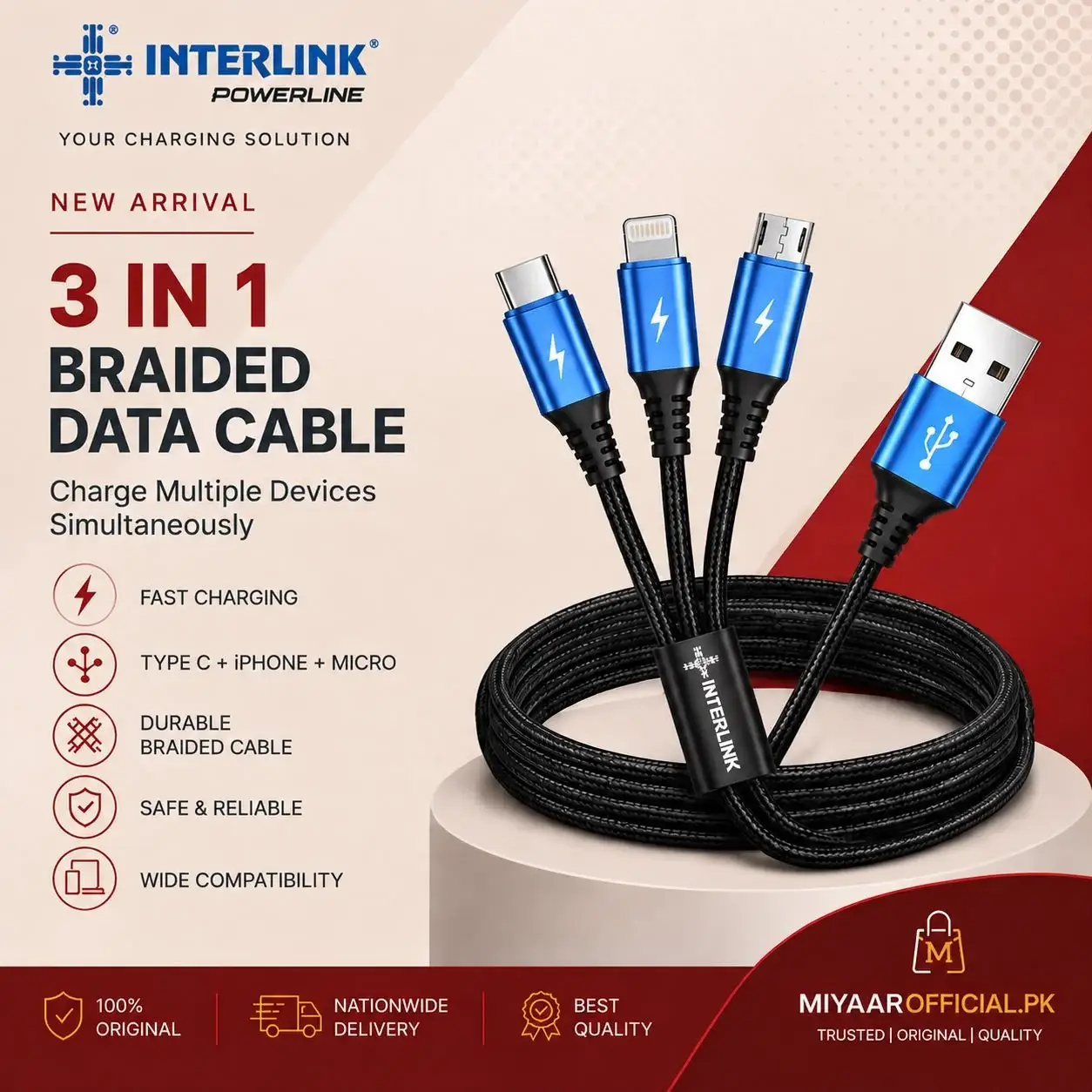 Interlink 3-in-1 Braided Data Cable in Pakistan