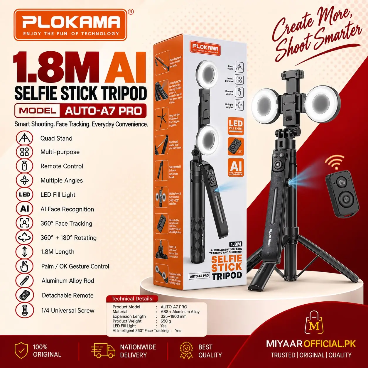 Plokama AI Selfie Stick Tripod with Full LED Light